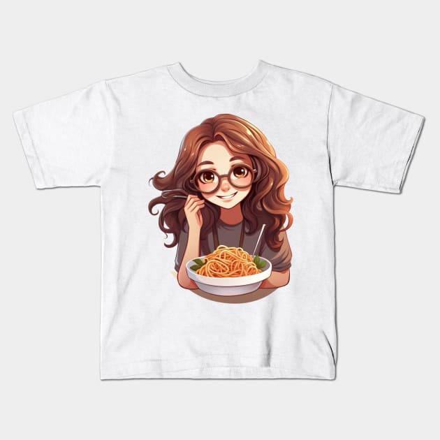 Cute Girl Eating Spaghetti Kids T-Shirt by Riverside-Moon